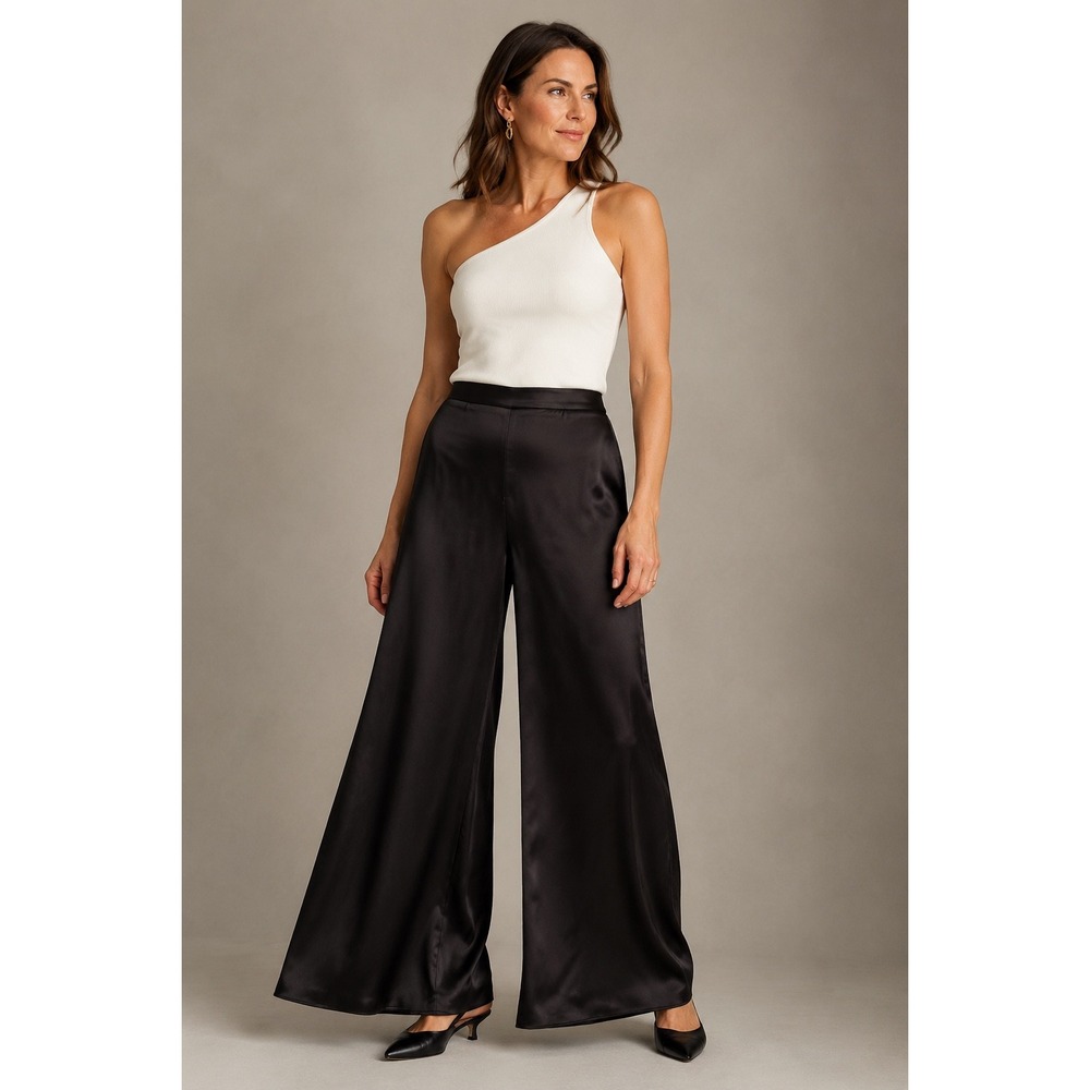 Caroline Constas Black Satin Wide Leg Pants L Minimalist Old Money Quiet Luxury